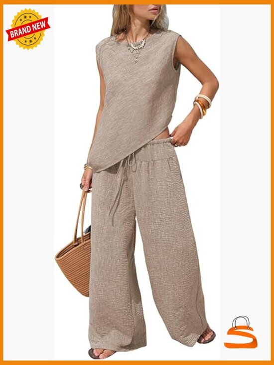 Pants - Summer Two Piece Set Cotton Asymmetrical Tank Top Wide Leg Pants Lounge Wear
